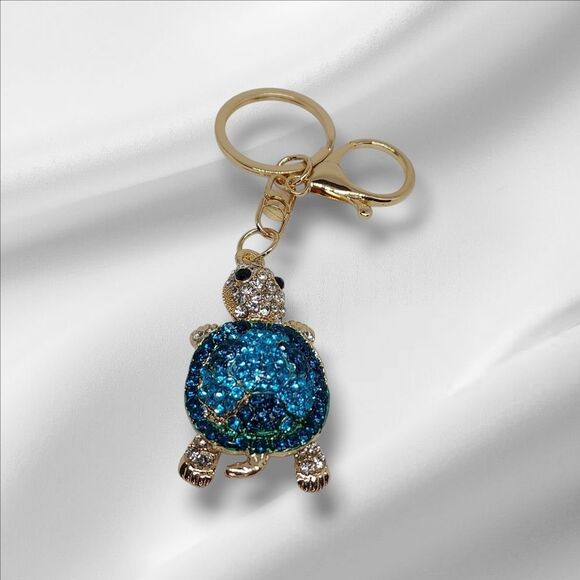 Blue and Gold Turtle Keychain/Purse Bag Charm With Velvet Bag - Picture 3 of 3